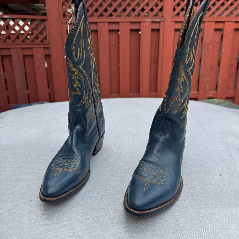 Blue Western Cowboy Boots with Yellow Stitching - Picture 3 of 7
